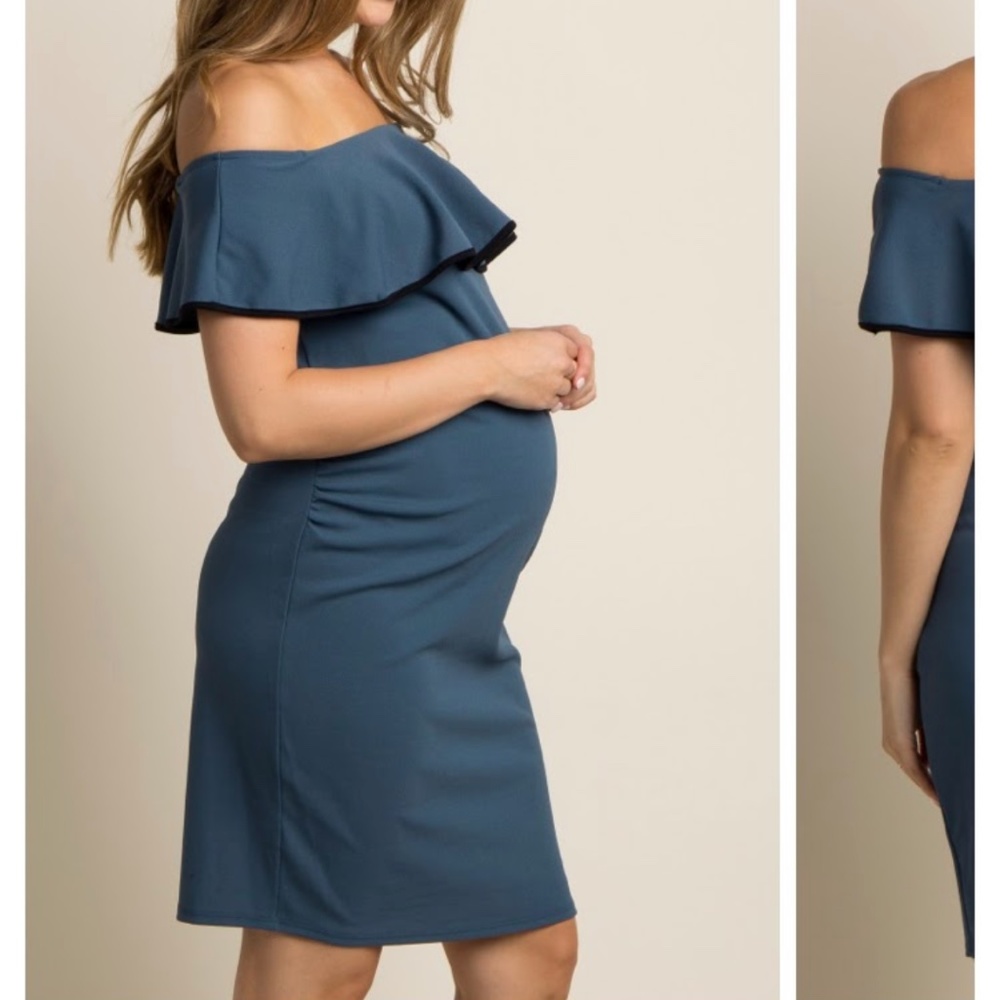 Teal off the shoulder ruffle fitted maternity dress